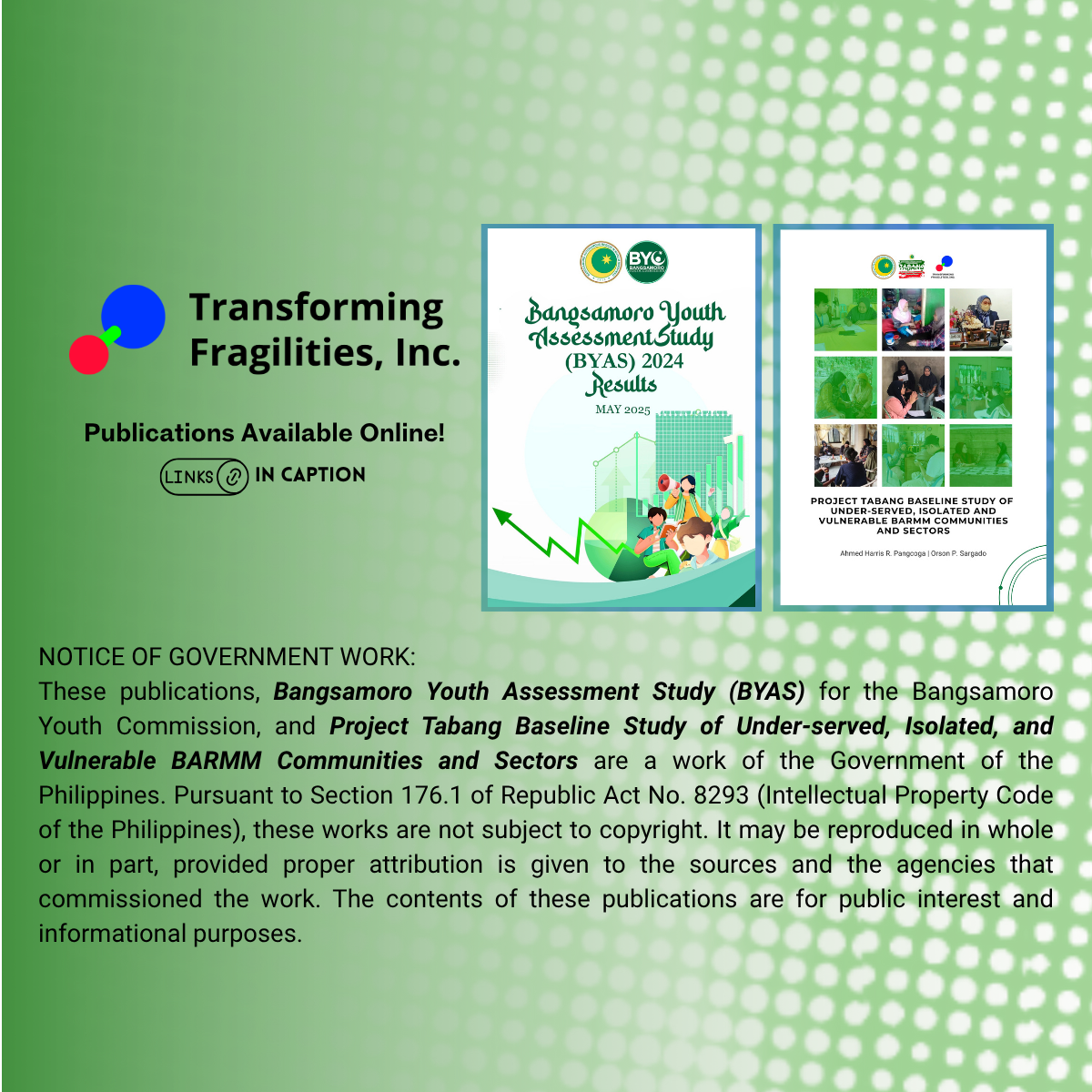 𝐓𝐅𝐈 𝐏𝐮𝐛𝐥𝐢𝐜𝐚𝐭𝐢𝐨𝐧𝐬: 𝐁𝐚𝐧𝐠𝐬𝐚𝐦𝐨𝐫𝐨 𝐘𝐨𝐮𝐭𝐡 𝐀𝐬𝐬𝐞𝐬𝐬𝐦𝐞𝐧𝐭 𝐒𝐭𝐮𝐝𝐲 (𝐁𝐘𝐀𝐒) 𝐚𝐧𝐝 𝐏𝐫𝐨𝐣𝐞𝐜𝐭 𝐓𝐚𝐛𝐚𝐧𝐠 𝐁𝐚𝐬𝐞𝐥𝐢𝐧𝐞 𝐒𝐭𝐮𝐝𝐲 𝐨𝐧 𝐕𝐮𝐥𝐧𝐞𝐫𝐚𝐛𝐥𝐞 𝐁𝐀𝐑𝐌𝐌 𝐂𝐨𝐦𝐦𝐮𝐧𝐢𝐭𝐢𝐞𝐬